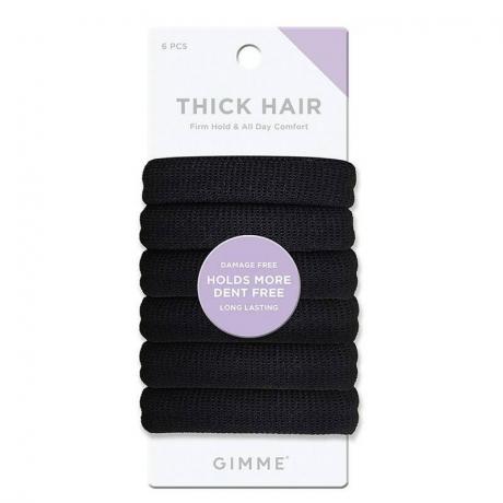 Six des bandes noires pour cheveux épais Gimme Beauty enveloppées dans un emballage de marque blanc et violet sur fond blanc