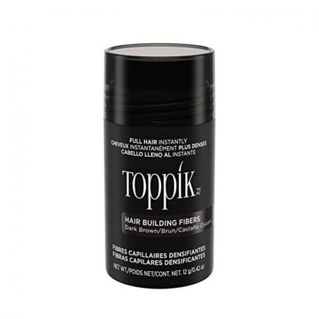 Une bouteille noire de Toppik Hair Building Fibers sur un fond blanc