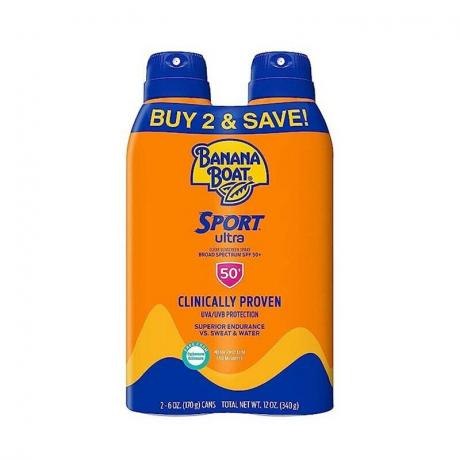 El Banana Boat Sport Ultra SPF 50 Spray protector solar (paquete de 2) sobre un fondo blanco
