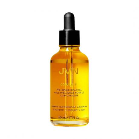 JVN Complete Pre-Wash Scalp and Hair Treatment Oil botella de aceite amarillo con tapón cuentagotas negro sobre fondo blanco