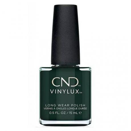 CND Vinylux Long Wear Nail Polish у флаконі темно-зеленого лаку для нігтів Aura з чорною кришкою на білому тлі