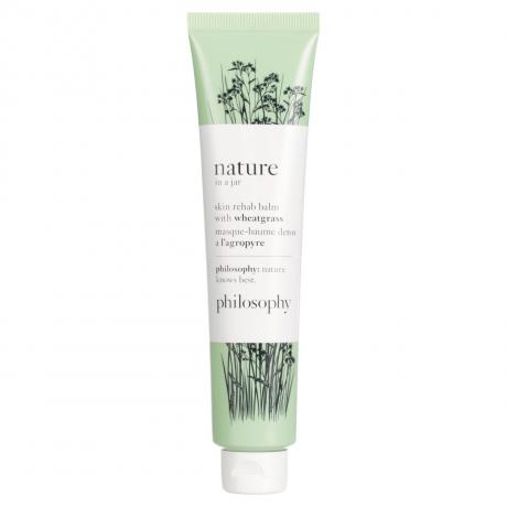 Filosofi Nature In a Jar Skin Rehab Balm med Wheatgrass grønn tube med hvit etikett på hvit bakgrunn