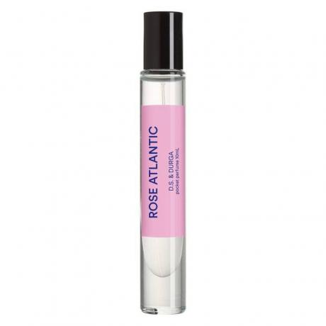 Флакон духів D.S. & Durga Rose Atlantic Pocket Perfume з рожевою етикеткою та чорною кришкою на білому тлі