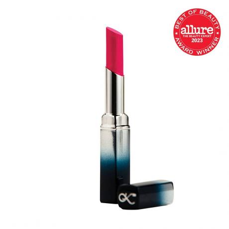 Sunrider International Kandesn Lip Color tubo sfumato da argento a blu scuro di rossetto rosa brillante su sfondo bianco con sigillo rosso Allure BoB nell'angolo in alto a destra