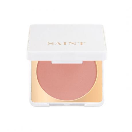 Saint Cosmetics Radiant Finish Allık altın ve beyaz kompakt beyaz arka planda soluk çıplak pembe allık