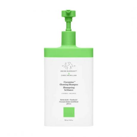 Шампунь Drunk Elephant Cocomino Glossing Shampoo зелено-белая бутылка с зеленым насосом на белом фоне