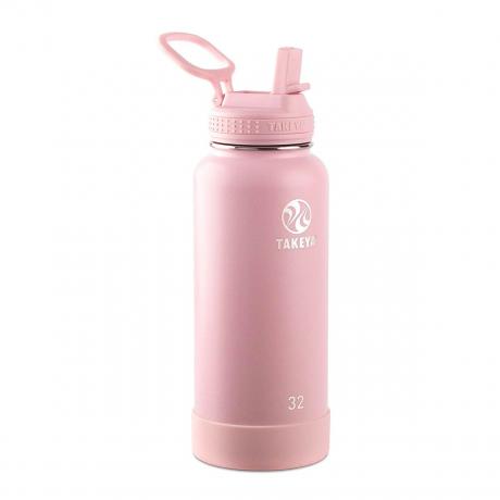 Uma garrafa de água de aço inoxidável rosa em um fundo branco
