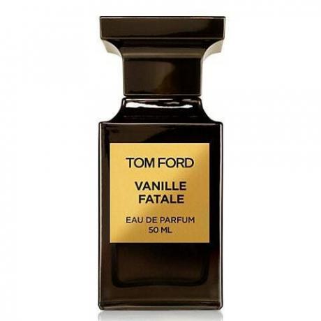 steklenica Tom ford vanille fatale na belem ozadju