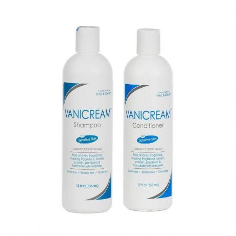 Vanicream Free and Clear Shampoo & Conditioner dos botellas blancas con texto azul sobre fondo blanco