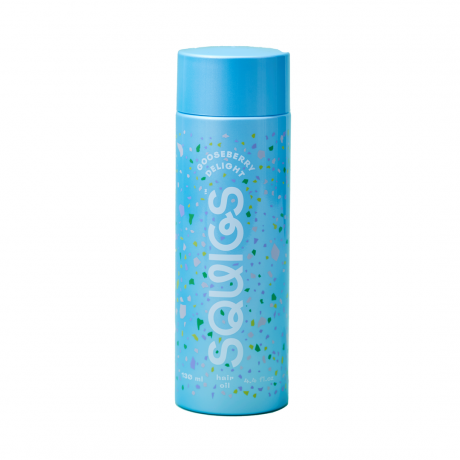 Squigs Gooseberry Delight Hair Oil bouteille bleue avec un design de confettis sur fond blanc
