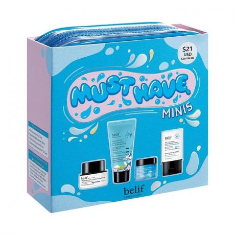 Belif Must Have Minis Kit: Une boîte d'emballage bleue et rose sur fond blanc