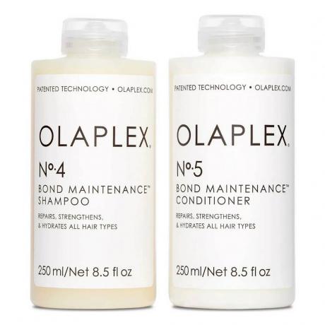 Olaplex Shampooing et revitalisant Bundle deux bouteilles blanches de shampooing et revitalisant sur fond blanc