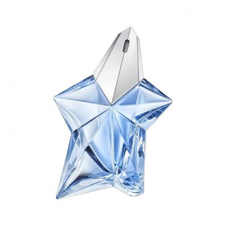 Beyaz zemin üzerinde mavi yıldız şeklinde bir Mugler Angel Eau de Parfum parfüm şişesi