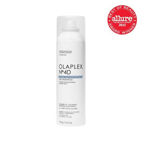 Olaplex nr. 4D Clean Volume Detox Dry Shampoo recipient alb cu spray pe fundal alb cu sigiliu roșu Allure BoB în colțul din dreapta sus