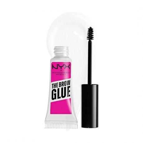 NYX Professional Makeup Extreme Hold Eyebrow Gel tubo transparente de gel de sobrancelha transparente com etiqueta rosa e tampa preta e varinha em fundo branco