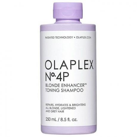 sebotol Olaplex No 4P Blonde Enhancer Toning Shampoo dengan latar belakang putih