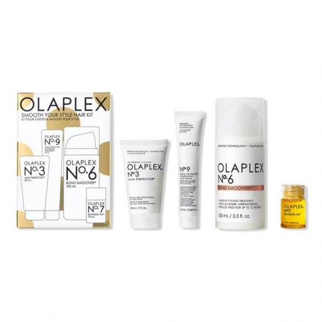 مجموعة Olaplex Smooth Your Style Hair Kit من منتجات Olaplex الصغيرة البيضاء وصندوق على خلفية بيضاء