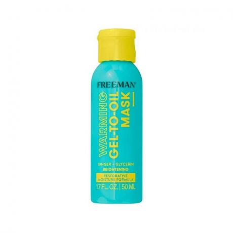 Skincare oleh Freeman Warming Gel-To-Oil Mask botol pirus dengan tutup kuning dengan latar belakang putih