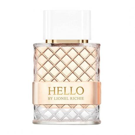 Hello by Lionel Richie prozirna četvrtasta boca sa zlatnim rešetkastim dizajnom i bijelim čepom na bijeloj pozadini