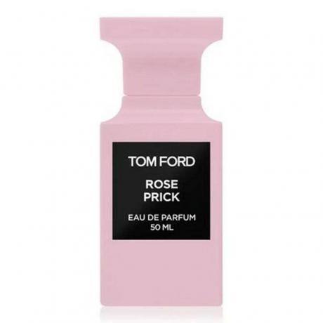 Tom Ford Rose Prick Eau de Parfum botella de perfume rosa opaco sobre fondo blanco.