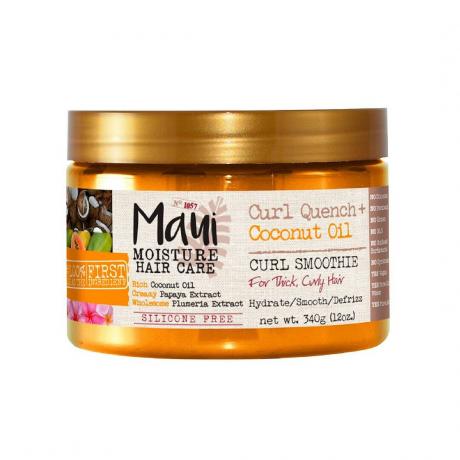 Maui Moisture Curl Quench Coconut Oil Curl Smoothie pot orange avec couvercle doré sur fond blanc