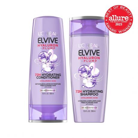 L'Oréal Paris Elvive Hyaluron Plump Shampoo + Conditioner deux bouteilles violettes de shampooing et revitalisant sur fond blanc avec le sceau rouge Allure BoB dans le coin supérieur droit