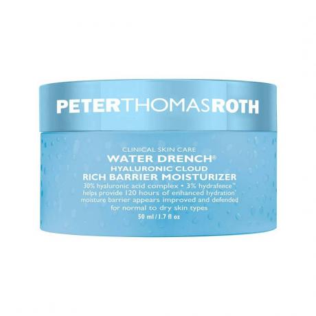 Peter Thomas Roth Water Drench Hyaluronic Cloud Rich Barrier Moisturizer lyseblå krukke på hvit bakgrunn