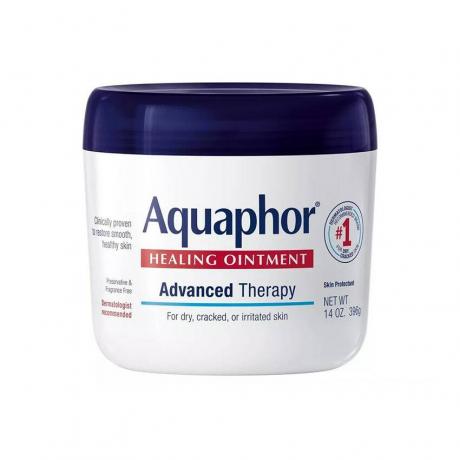 Aquaphor Original Ointment vit burk med marinblått lock på vit bakgrund