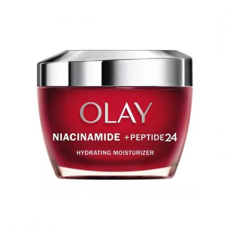 Olay Niacinamide + Peptide 24 Moisturizer rode pot met zilveren deksel op witte achtergrond