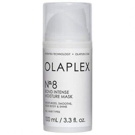 Olaplex No.8 Bond Intense Moisture Mask bouteille blanche avec bouchon de pompe sur fond blanc