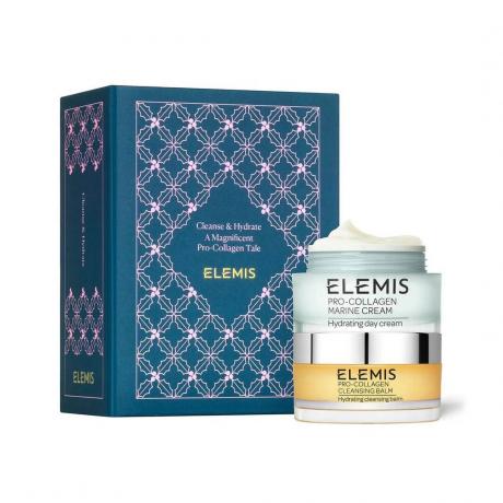 Elemis Cleanse and Hydrate a Magnificent Pro-Collagen Tale ตั้งสองขวดและกล่องสีน้ำเงินบนพื้นหลังสีขาว