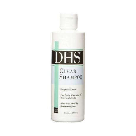 DHS Clear Shampoo бяла бутилка шампоан на бял фон