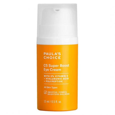 Paula’s Choice C5 Super Boost Eye Cream flacon portocaliu cu capac alb cu pompă pe fundal alb