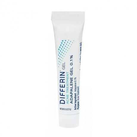 Differin Adapalene Gel 0,1% Tubo bianco per il trattamento dell'acne su sfondo bianco