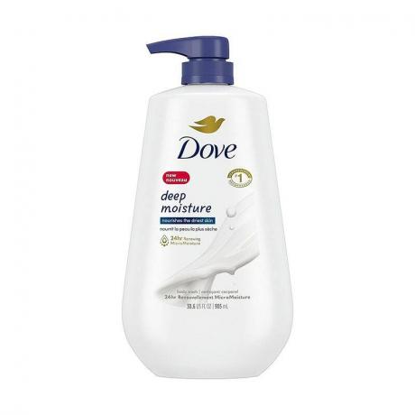 Dove Body Wash: una botella con dosificador blanco con texto negro y un dosificador azul sobre un fondo blanco.