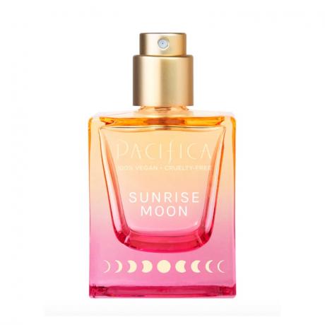 Parfum Pacifica Sunrise Moon Spray kvadratna oranžna do roza steklenička parfuma z zlatim pršilnim vrhom na belem ozadju