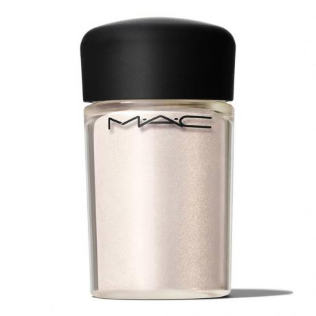 白い背景に黒い蓋が付いたきらめく白いルース顔料のバニラ瓶に入った MAC 顔料