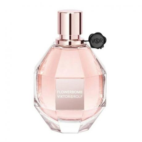 Flowerbomb Eau de Parfum bottiglia a forma di granata di profumo rosa chiaro su sfondo bianco