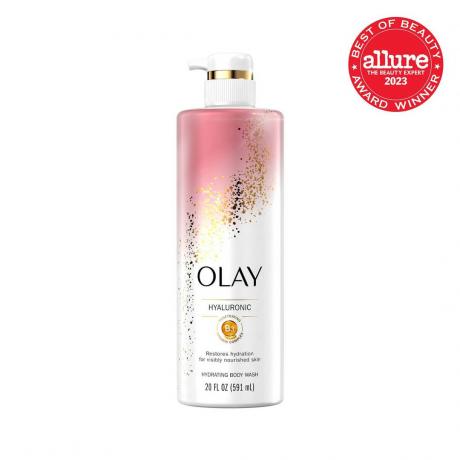 Градієнтна пляшка Olay Hyaluronic Body Wash із рожевим і білим градієнтом із золотим крапковим малюнком і білою кришкою насоса на білому тлі з червоною печаткою Allure BoB у верхньому правому куті