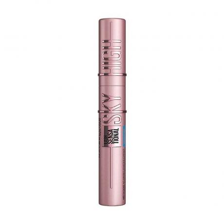 Maybelline New York Sky High Waterproof Mascara rožinis chromo tušo tūbelė su iškiliomis raidėmis baltame fone