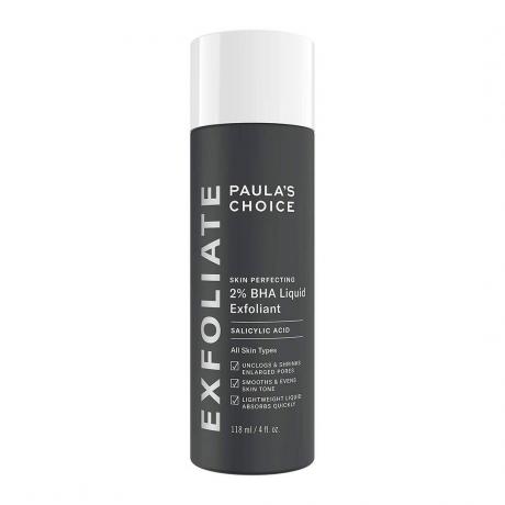 Paula's Choice Skin Perfecting 2% BHA Liquid Exfoliant grå flaske med hvid låg på hvid baggrund
