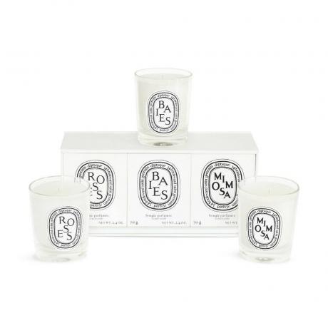 Diptyque Build Your Own 3 Small Candle Gift Set trois bougies blanches et boîte sur fond blanc