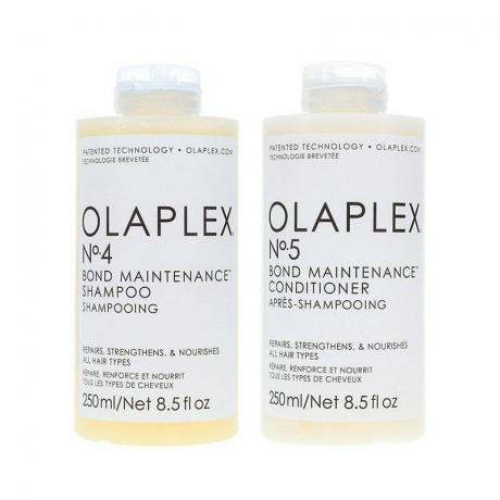 Das Olaplex No.4 Bond Maintenance Shampoo & No.5 Conditioner Bundle auf weißem Hintergrund