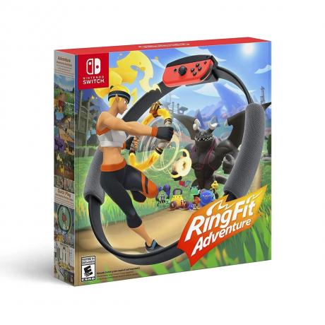 Caixa Ring Fit Adventure para Nintendo Switch com cena de aventura de ferramenta de fitness em forma de anel em fundo branco