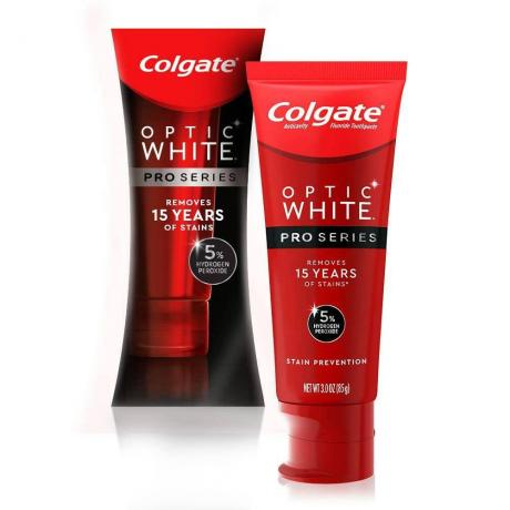 Colgate Optic White Pro Series Whitening Tannkrem rød tannkrem på hvit bakgrunn