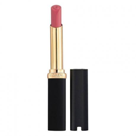 L'Oréal Paris Color Riche Intense Volume Matte Lipstick in Rosy Confident 금색과 흰색 배경에 장미 립스틱의 검정색 튜브