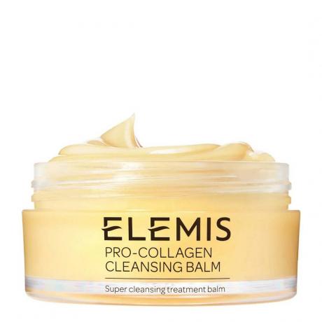 ELEMIS Pro-Collagen čistilni balzam v odprtem kozarcu z rumeno vsebino na beli podlagi