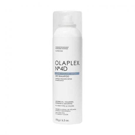 Olaplex No.4D Clean Volume Detox Dry Shampoo: Botol semprot sampo kering berwarna putih dengan teks hitam dengan latar belakang putih