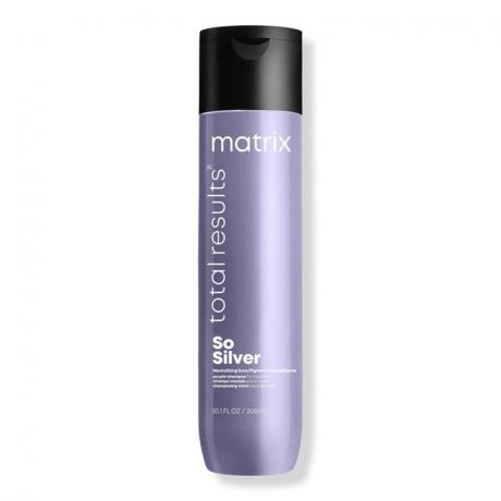 Vaalean violetti pullo Matrix Total Results So Silver Purple shampoota vaaleille hiuksille valkoisella pohjalla