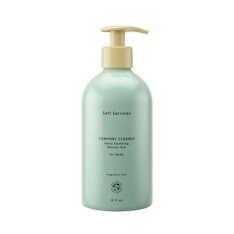 Soft Services Comfort Cleanse Ultra Soothing Shower Gel בקבוק ירוק בהיר עם משאבת פקק צהוב חיוור על רקע לבן